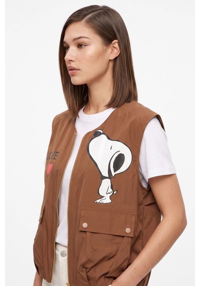 CEMO Snoopy Baskılı Kahverengi Fermuarlı Yelek