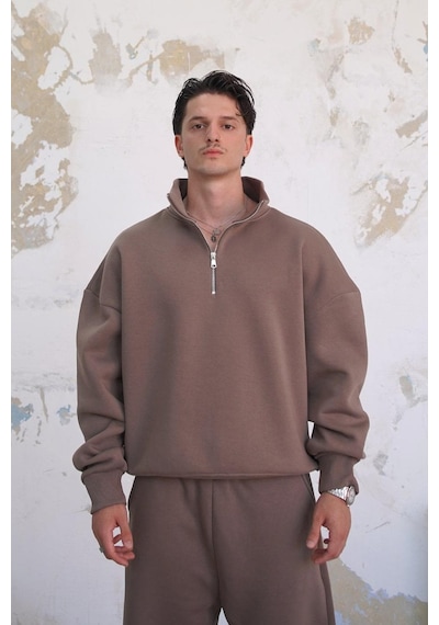 Açık Kahve Cozy Basic Yarım Fermuar Oversize Sweatshirt Açık Kahverengi