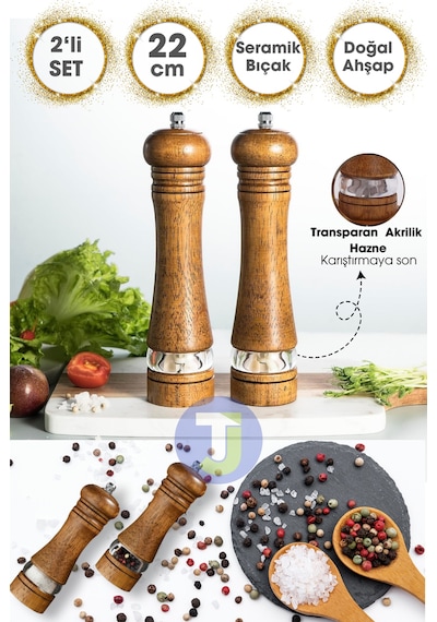 Technojet 2 Adet Doğal Ahşap Karabiber Tuz Kahve Baharat Öğütücü Ahşap Değirmen Tuzluk Biberlik 2li Set 22cm Akrilik 2li Set 22cm Akrilik