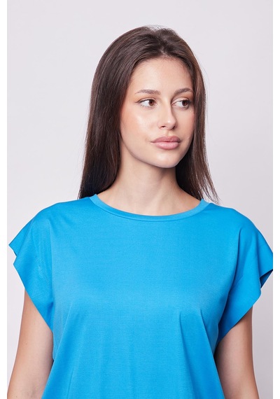 Jument Şık Likralı Span Kumaş Kolsuz Geniş Sıfır Yaka Düşük Omuzlu Basic Tshirt Bluz-mavi Mavi