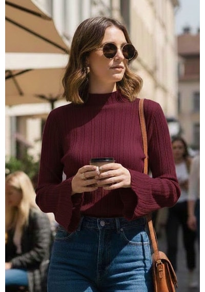 Tarz Cool Kadın Bordo İspanyol Kol Yarım Balıkçı Detaylı Triko Kazak Bordo