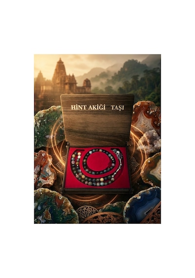Hint Akiği Taşı Doğal Taş Tesbih Bileklik Seti Özel Ahşap Kutulu Çok Renkli Çok Renkli