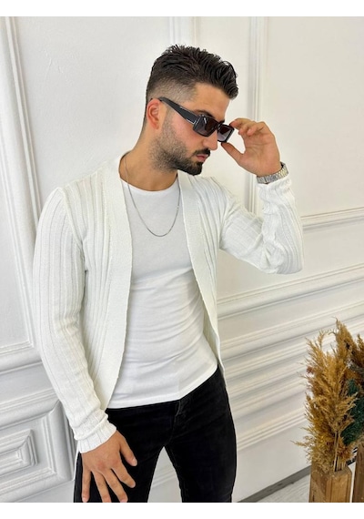 Elku Moda Hırka Örgülü Triko Desenli Şal Yaka Fit Örgü Hırka Beyaz