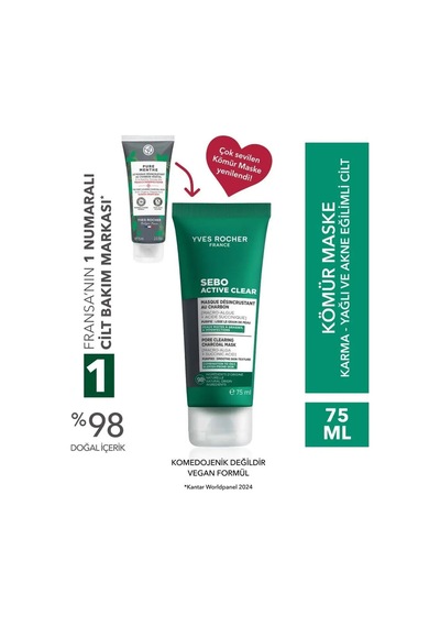 Yves Rocher Kömür Maske Karma, Yağlı Ve Akneye Eğilimli Cilt Karşıtı 75 Ml