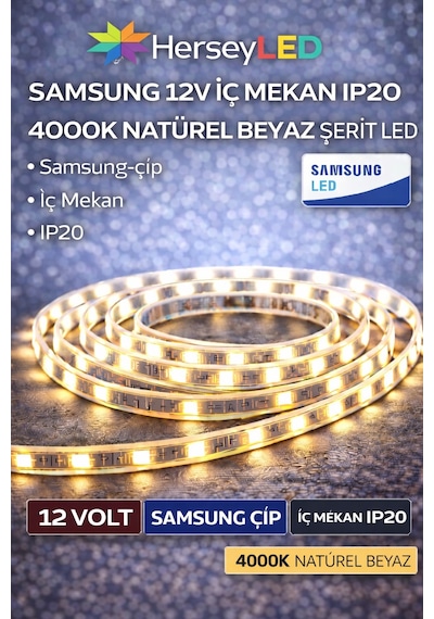 Samsung Şerit Led 12v 2835/60 Ledli 4000k İç Mekan Ip20 5 Metre/ Paket