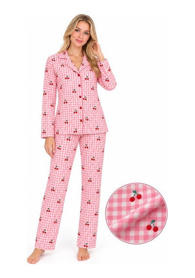 Sleeeproom Kadın Süet Düğmeli Mevsimlik Ekose Desen Pembe Pijama Takımı Pembe - Beyaz