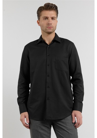 İmza Siyah Kendinden Desenli Sert Yaka Uzun Kol Cepli Comfort Fit Pamuklu Gömlek 1004255206