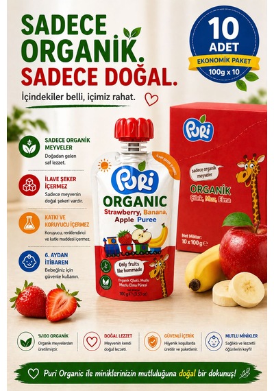 Organic Çilekli, Muzlu Elma Püresi 100 G x 10 %100 Organik İlave Şekersiz 10'lu Paket
