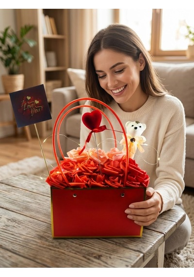 Işıklı Gül Aranjmanı I Love You Yazılı Kalpli Çanta Dolusu Güller Ayıcıklı Romantik Sevgili Hediyesi Led Işıklı Dekoratif Çiçek Gül Kırmızı + Pembe