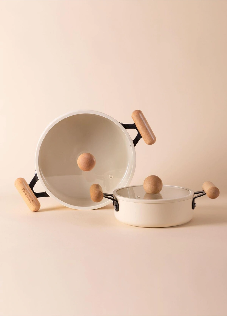 The Mia Cucina 4 Parça 18-20 Cm Kapaklı Sahan Seti Takımı Seramik Kaplama Krem