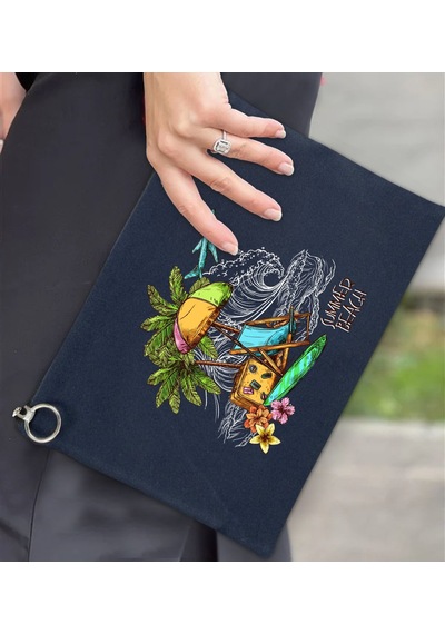 Bk Gift Yaz Temalı-9 Astarlı Lacivert Portföy Çanta 30x21cm, Baskılı El Çantası, Organizer Çanta