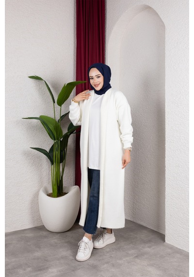 Hira Life Fashion Kadın Şal Yaka Uzun Triko Ve Sakallı Tüylü Hırka Krem Krem