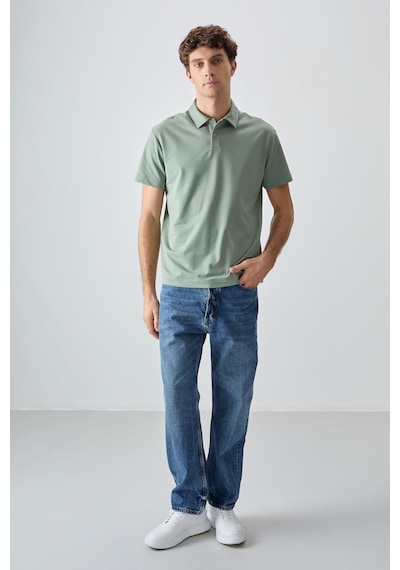 Açık Yeşil Pamuklu Kalın Yumuşak Dokulu Polo Yaka Oversize Fit Basic Erkek T-shirt - 88381 Camel