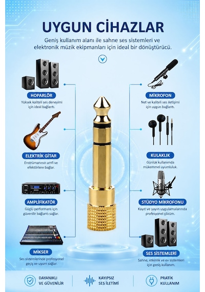 3.5mm Dişi - 6.35mm Erkek Ses Dönüştürücü Adaptör, Stereo Jak Çevirici, Kulaklık Mikrofon Hoparlör Amfi Mikser Uyumlu, Altın Kaplama, Metal Gövde, Tak Çalıştır S310