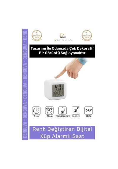 Çalarsaat Renk Değiştiren Dijital Termometreli Işıklı Dekoratif Gece Alarmlı Küp Masa Çalar Saat Çok Renkli