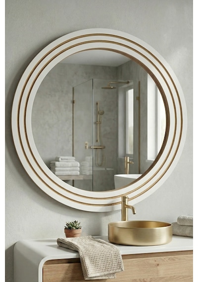 Antik Ahşap Beyaz Dekoratif Ayna Banyo Lavabo Aynası Yuvarlak Ayna Duvar Aynası 55x69 Byz-103