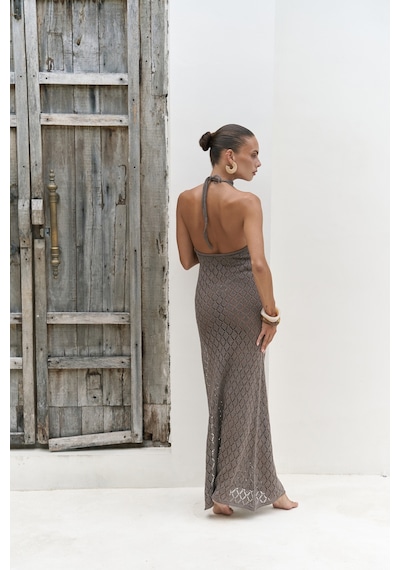 Mai Collection Mai Studios Co. Yudha Sırt Dekolteli Kahve Triko Uzun Elbise Kahve
