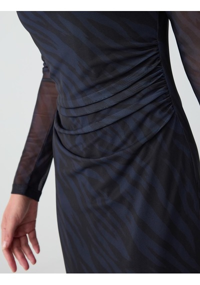 Jimmy Key Lacivert Zebra Desenli Sıfır Yaka Mesh Midi Elbise 6ww069107494