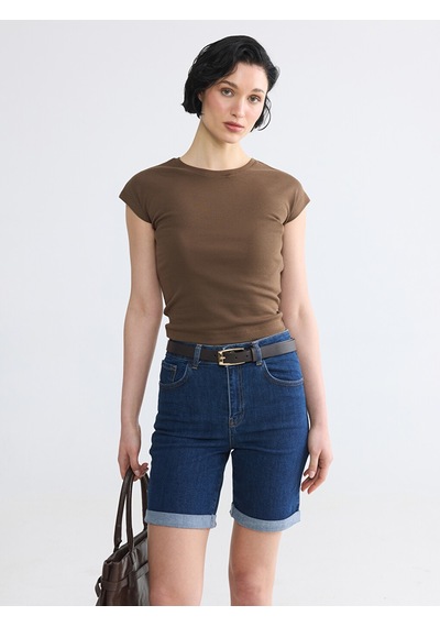 Lcw Vision Kahverengi Bisiklet Yaka Kadın Crop