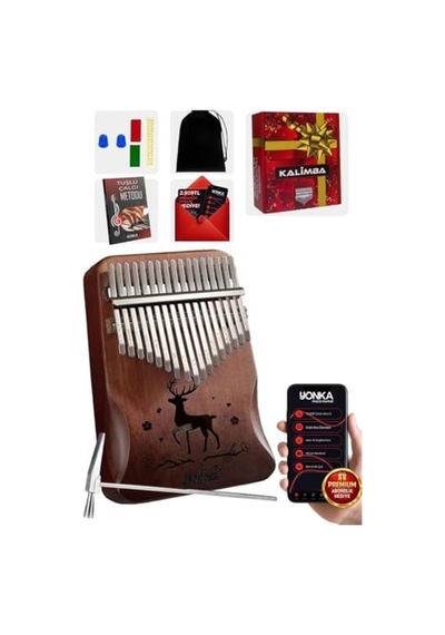 Klx-520 Hakiki Ağaç Kalimba Geyik Desenli Ahşap Full Set 17 Çelik Tuşlu