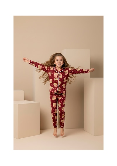 Rindahomewear Anne-kız Ayıcık Desenli Düğmeli Örme Uzun Kollu Pijama Takımı Bordo