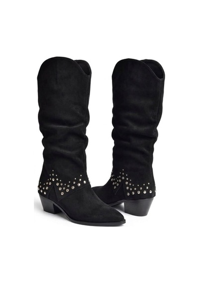 Fox Shoes Z726106802 Siyah Süet Kalın Topuklu Pim Detaylı Kadın Çizme