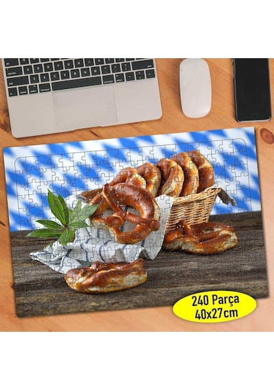 Hasır Piknik Sepetinde Simit Yiyecek 240 Parça Puzzle Yapboz-629