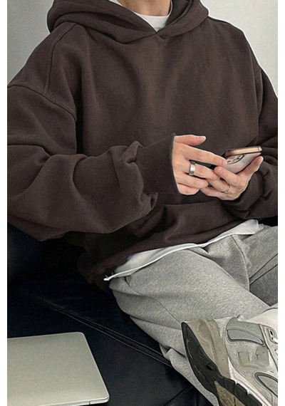 Tarz Cool Erkek Kapüşonlu Oversize Sweatshirt Kahverengi