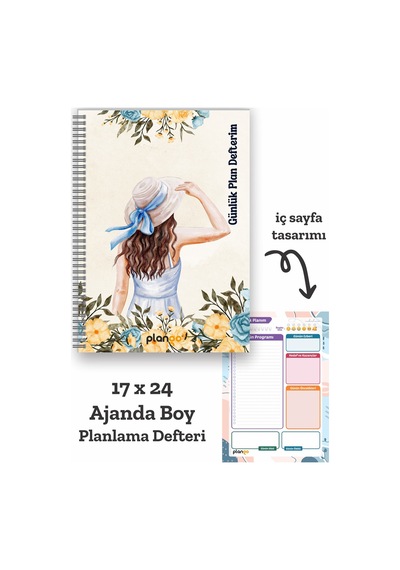 Şapkalı Kadın Spiralli Günlük Planlama Defteri - 100 Sayfa - 17x24 Planlayıcı Defter Beyaz - Mor