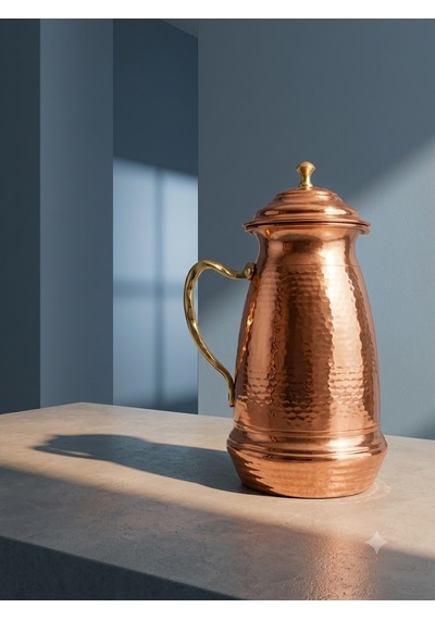 Aura Copper Klasik Kapaklı Ağır El İşlemeli Bakır Sürahi 2,5 L 1,2 Mm İçi Kalaylı
