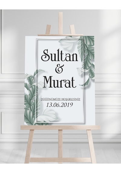 Söz Nişan Düğün İçin 50x70 Karşılama Panosu - Yeşil Yaprak Desenli Beyaz