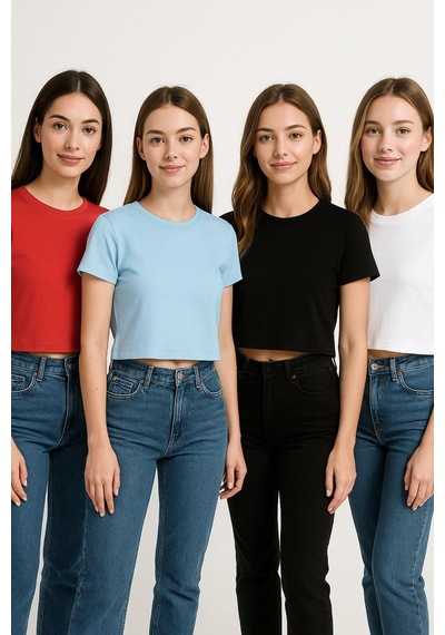 Kadın 4'lü Paket Oversize Crop Tişört %100 Pamuk Bisiklet Yaka T-shirt Mavi