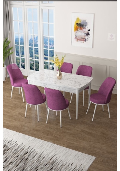 Canisa Concept Zen Serisi 80x132 Mdf Açılabilir Beyaz Mermer Desen Masa Takımı Ve 6 Mor Sandalye Masa Beyaz/sandalyeler Mor Canisa Concept Zen Serisi 80x132 Mdf Açılabilir Beyaz Mermer Desen Masa Takımı Ve 6 Mor Sandalye Masa Beyaz/sandalyeler Mor
