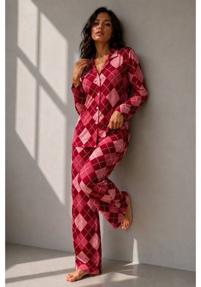 Kadın Uzun Kol Pamuklu Kırmızı Pijama Takımı
