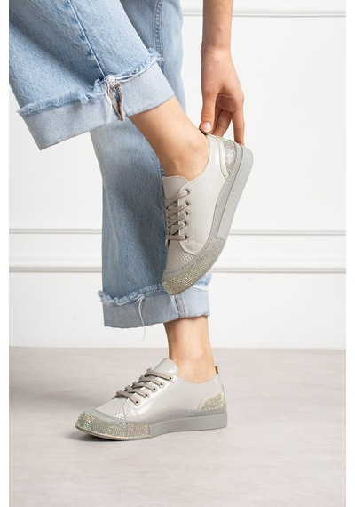 Shoetek Sawex Kadın Sneakers Bağcıklı Taşlı Spor Ayakkabı Gri Deri