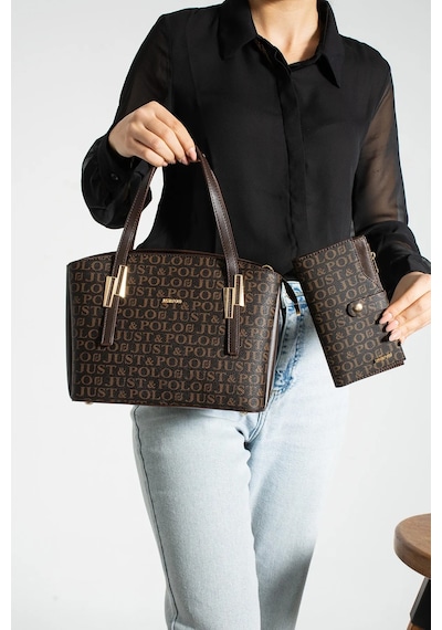 Just Polo Kadın Monogram Baskılı El Ve Omuz Çantası 232066mh Kahve Kombin
