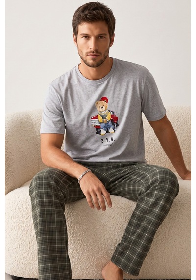 Siyah İnci Desenli Baskılı Örme Kısa Kollu Pijama Takım 8004 Grı Ayı
