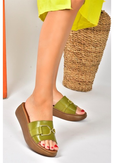 Fox Shoes Yeşil Hakiki Deri Yüksek Tabanlı Günlük Kadın Terlik P291049403