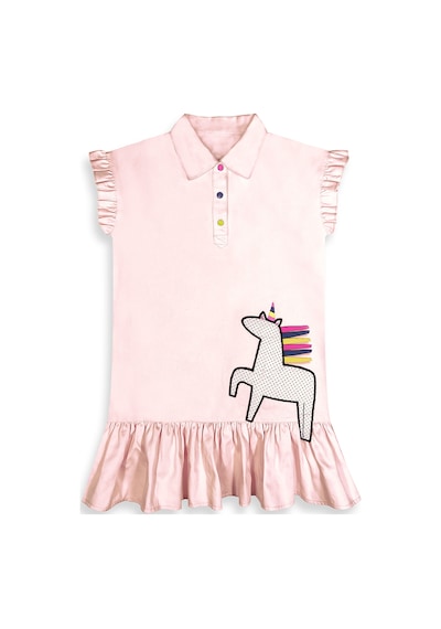 Denokids Kız Çocuk Elbise Unicorn Aplikeli %100 Pamuk Gömlek Stil Elbise 4-9 Yaş Çok Renkli
