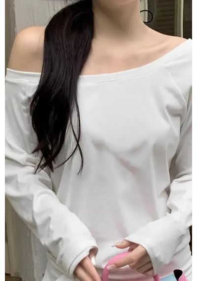 Cool Tarz Beyaz Kadın Düşük Omuz Kayık Yaka Oversize Uzun Kollu T-shirt Beyaz Beyaz