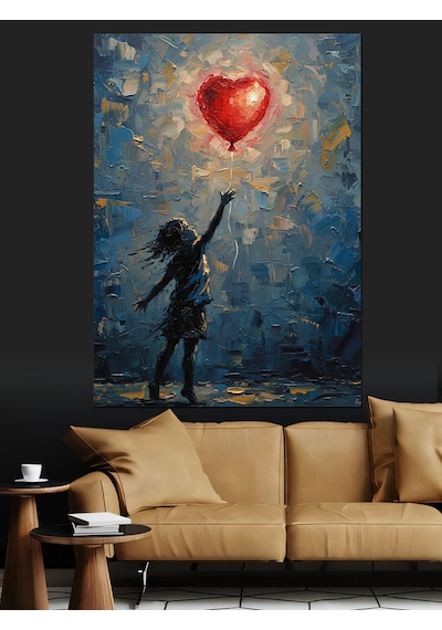 Kırmızı Balon Tutan Çocuk Dekoratif Kanvas - Mdf Ahşap Tablo