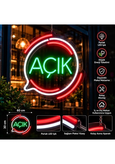 Açık Neon Led Tabela 60x30 Cm Işıklı Pleksi Vitrin Tabelası İşletme Dekorasyon
