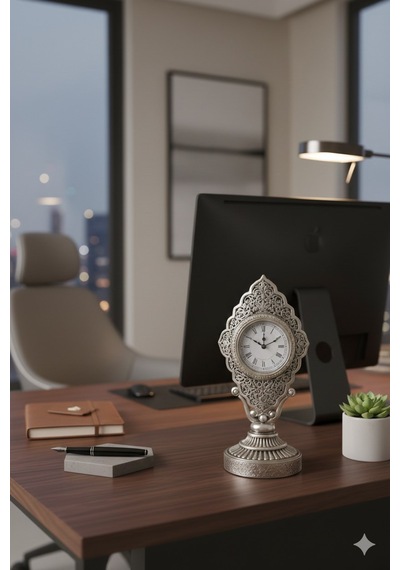 Nostaljik Vintage Taş İşlemeli Kabartmalı Lüks Gümüş Renk Dekoratif Salon Ve Ofis Masa Saati 29 Cm Gümüş