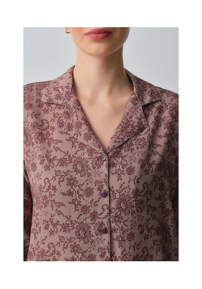 Suwen Lace Pijama Takımı Wsh10510086662 Bordo Desenli