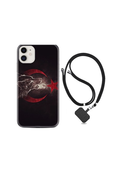 Apple iPhone Uyumlu Iphone 13 Kılıf Desenli Silikon Boyun Askılı Kurt Ve Ay Yıldız 1403