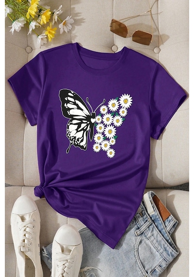 Pamuklu Papatya Kelebek Tasarım Tshirt Mor