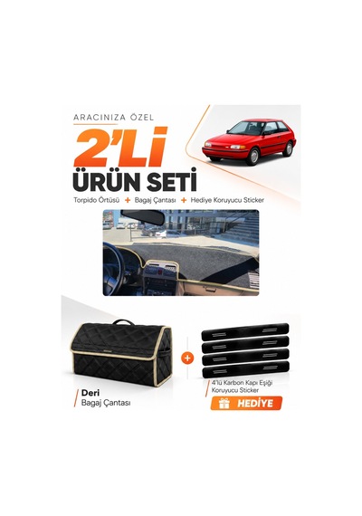 Mazda 323 Hatchback Bg Kasa 1991-1995 Uyumlu Torpido Örtüsü + Deri Bagaj Çantası Seti - Siyah Bej