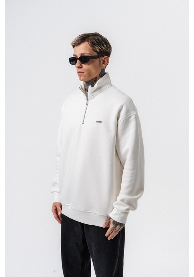 Erkek Respire Yazı Detaylı Yarım Fermuarlı Basic Sweatshirt Ekru