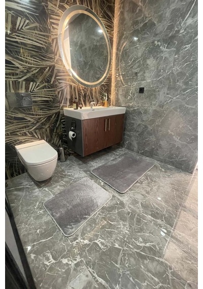 2'li Yıkanabilir Kaymaz Taban Post Banyo Halısı Peluş Halı Klozet Takımı Gri