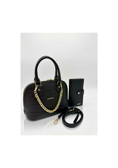 Just Polo Orijinal Kadın Zincir Detaylı Lüks Tasarım El & Omuz Çantası Ve Cüzdan Seti Shoulder Bag Shopper 25x22 Cm Siyah